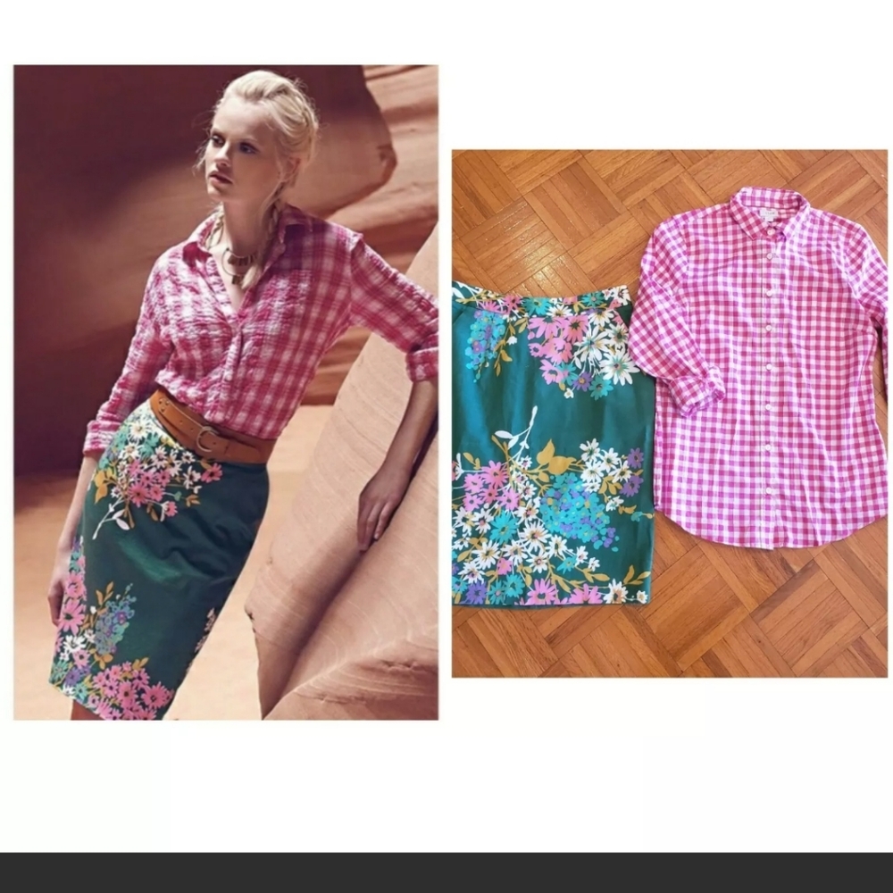 ANTHROPOLOGIE J CREW 2 pc set outfit Odille Abronia pencil skirt gingham top S